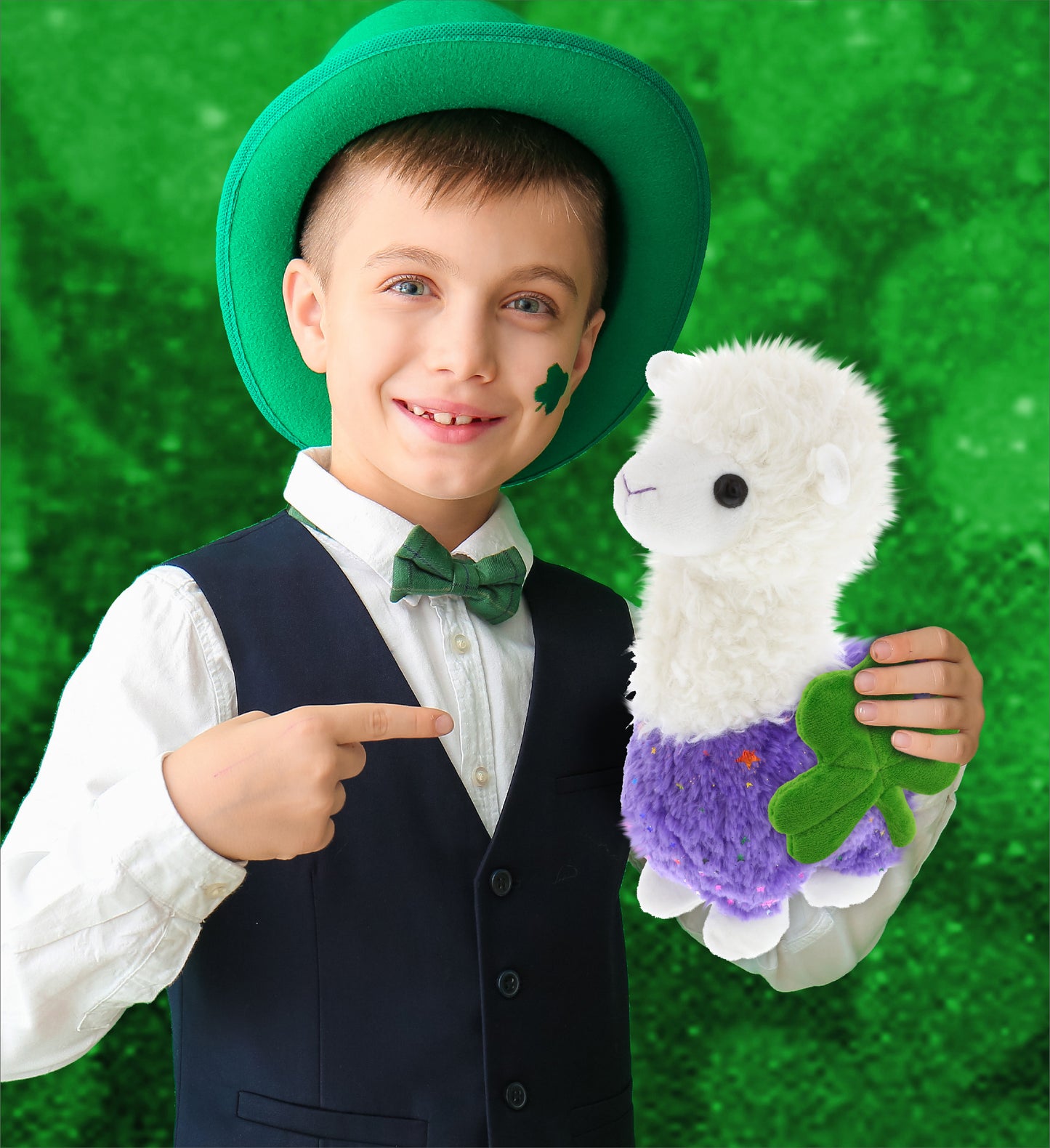 DolliBu Sparkle Purple Llama Stuffed Animal with Green Plush Shamrock - 11 Inch