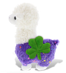 DolliBu Sparkle Purple Llama Stuffed Animal with Green Plush Shamrock - 11 Inch