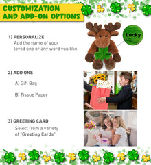 DolliBu Long Leg Moose Stuffed Animal with Green Plush Shamrock - 10.5 Inches