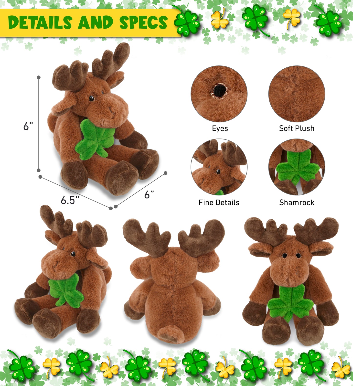 DolliBu Long Leg Moose Stuffed Animal with Green Plush Shamrock - 10.5 Inches
