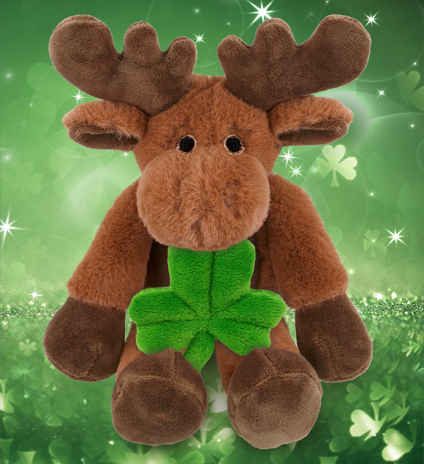 DolliBu Long Leg Moose Stuffed Animal with Green Plush Shamrock - 10.5 Inches