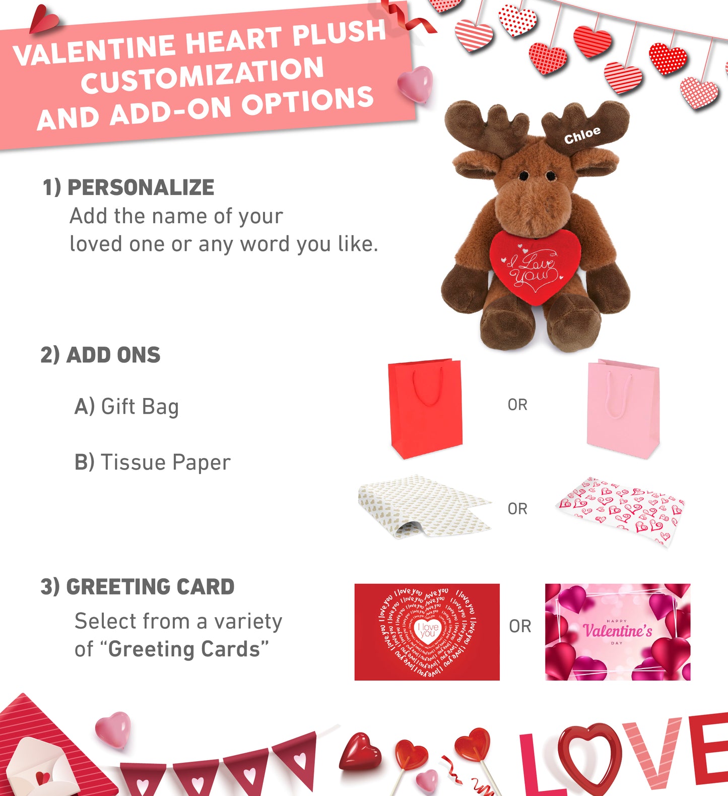 PLUSH I LOVE YOU RED HEART - SUPER-SOFT PLUSH - LONG LEG MOOSE 10.5"