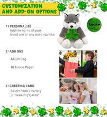 DolliBu Long Leg Husky Stuffed Animal with Green Plush Shamrock - 10.5 Inches