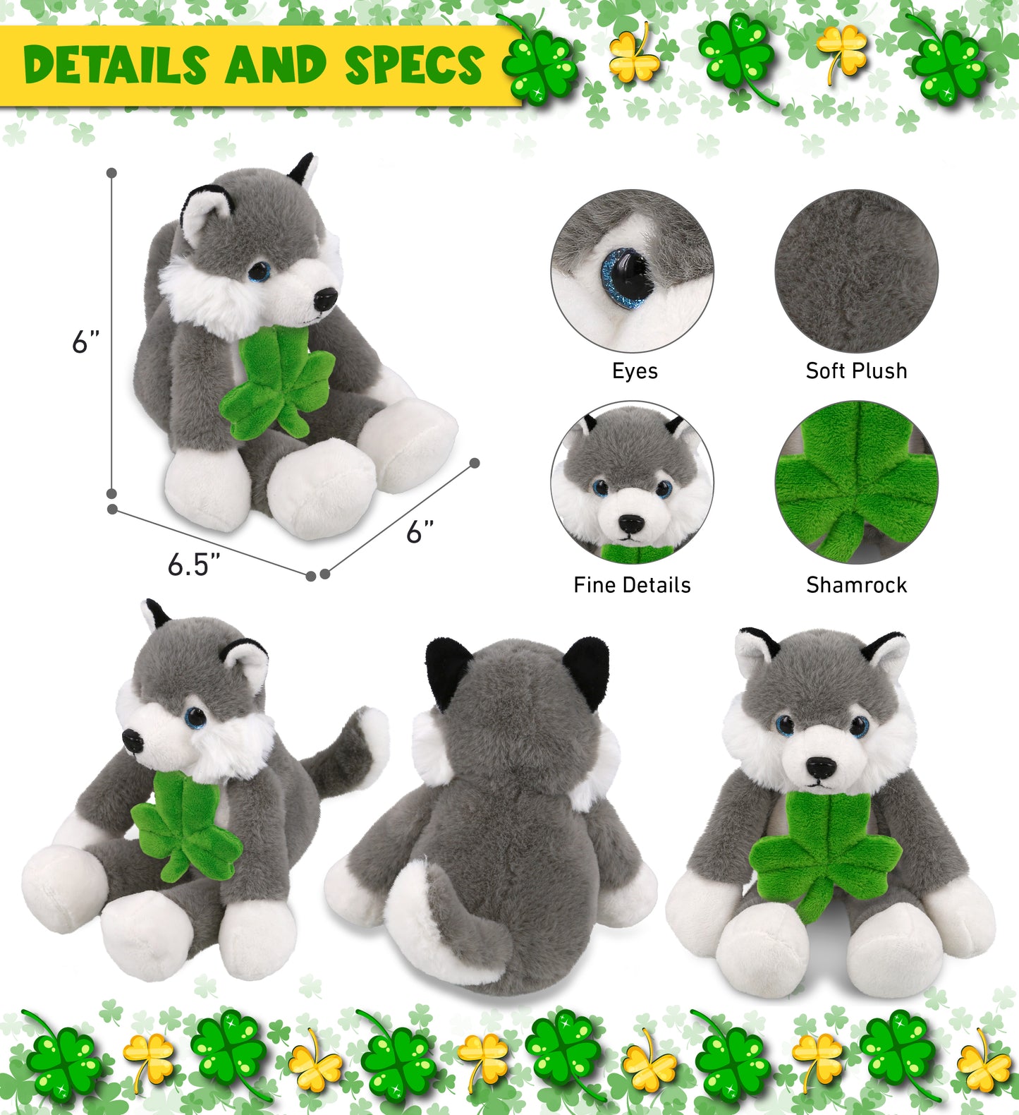 DolliBu Long Leg Husky Stuffed Animal with Green Plush Shamrock - 10.5 Inches