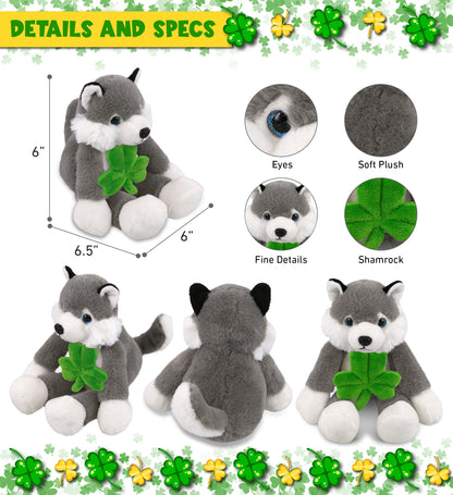 DolliBu Long Leg Husky Stuffed Animal with Green Plush Shamrock - 10.5 Inches