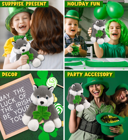 DolliBu Long Leg Husky Stuffed Animal with Green Plush Shamrock - 10.5 Inches