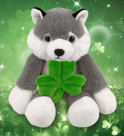 DolliBu Long Leg Husky Stuffed Animal with Green Plush Shamrock - 10.5 Inches
