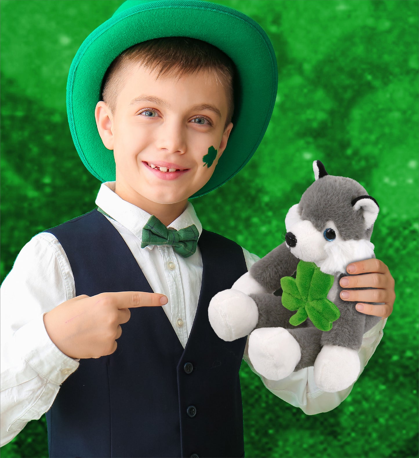 DolliBu Long Leg Husky Stuffed Animal with Green Plush Shamrock - 10.5 Inches