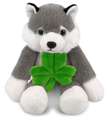 DolliBu Long Leg Husky Stuffed Animal with Green Plush Shamrock - 10.5 Inches