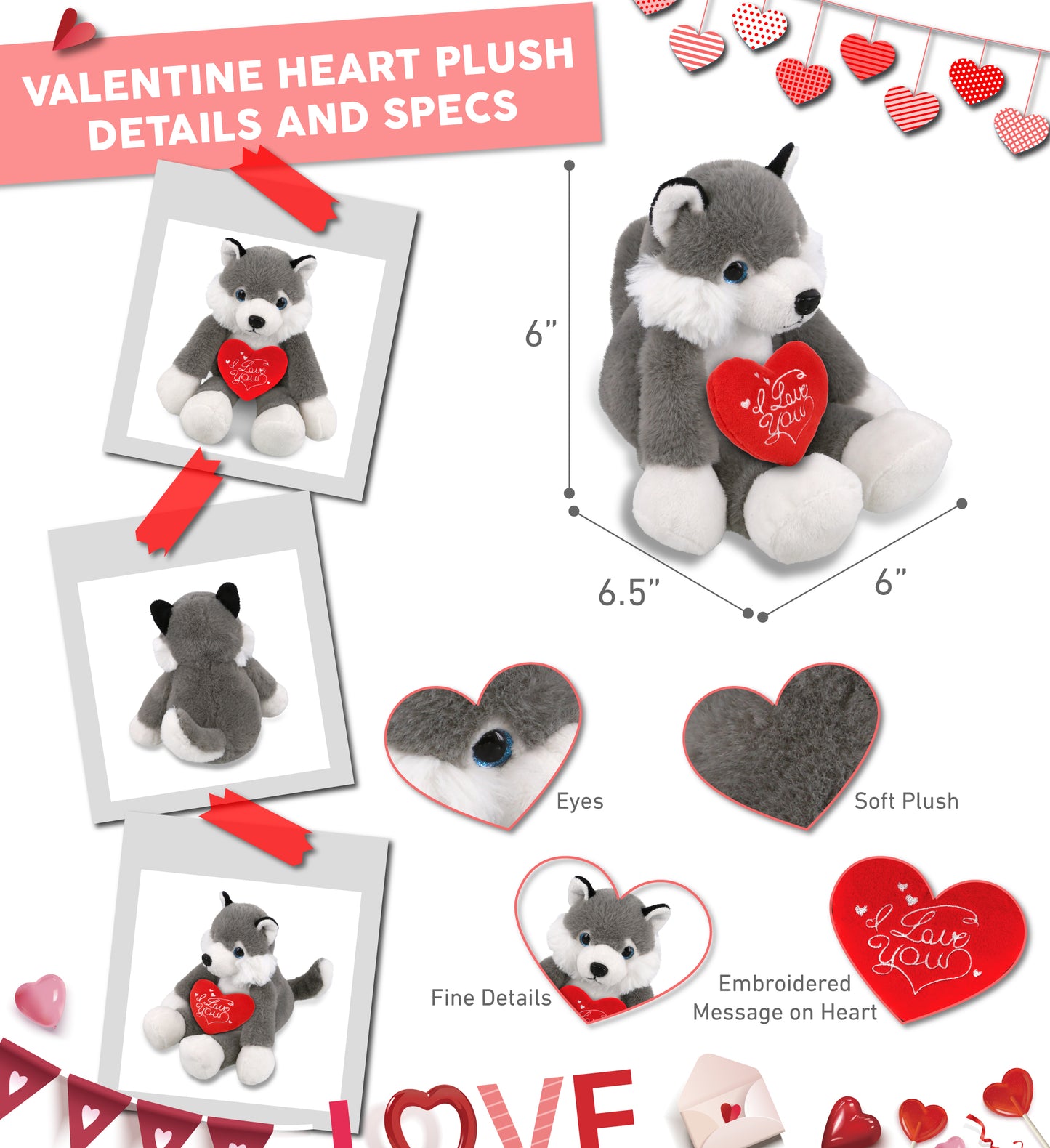 PLUSH I LOVE YOU RED HEART - SUPER-SOFT PLUSH - LONG LEG HUSKY 10.5"