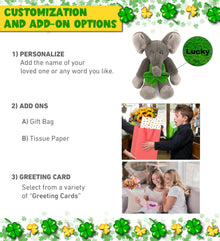 DolliBu Long Leg Elephant Stuffed Animal with Green Plush Shamrock - 10.5 Inch