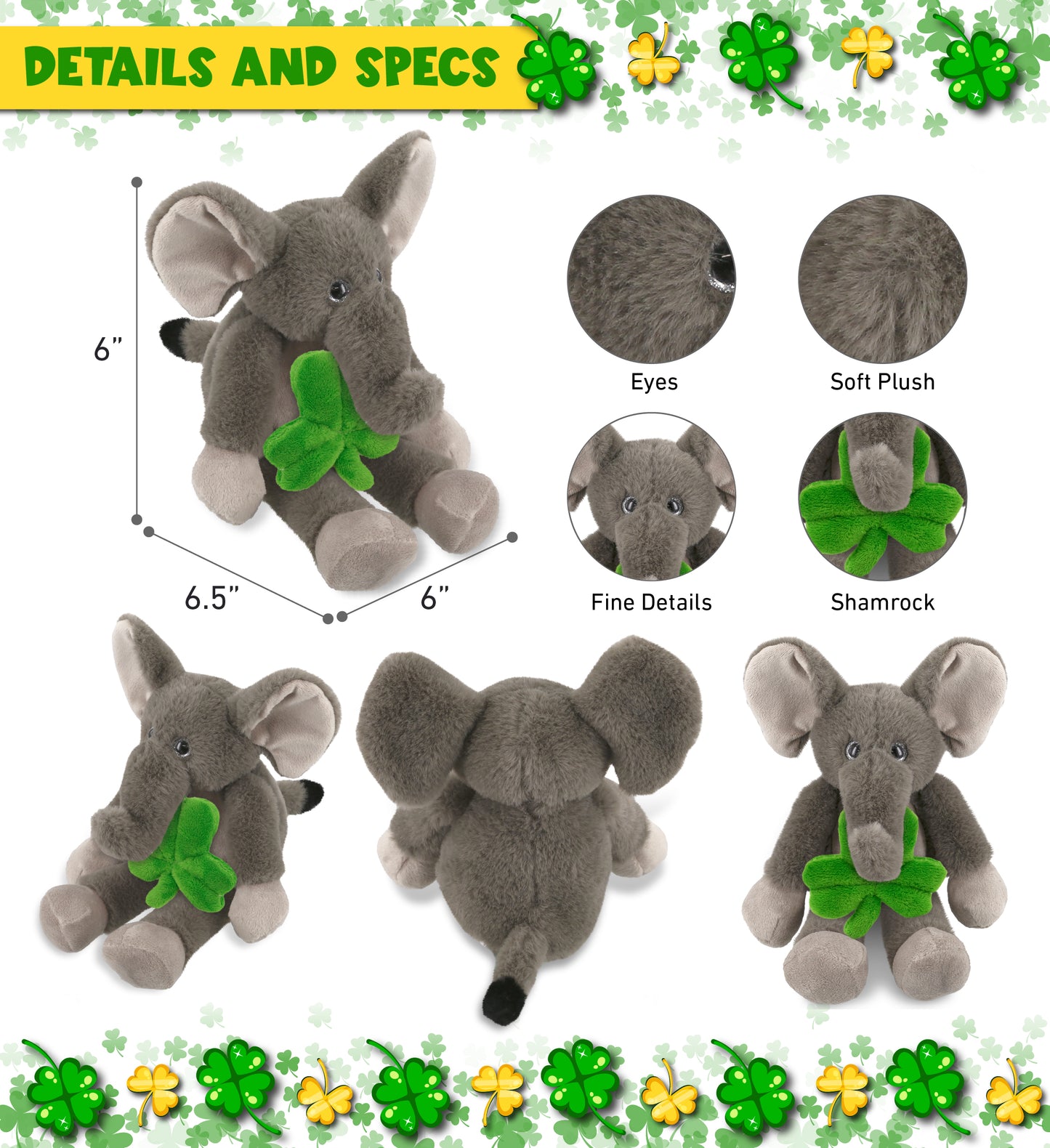DolliBu Long Leg Elephant Stuffed Animal with Green Plush Shamrock - 10.5 Inch