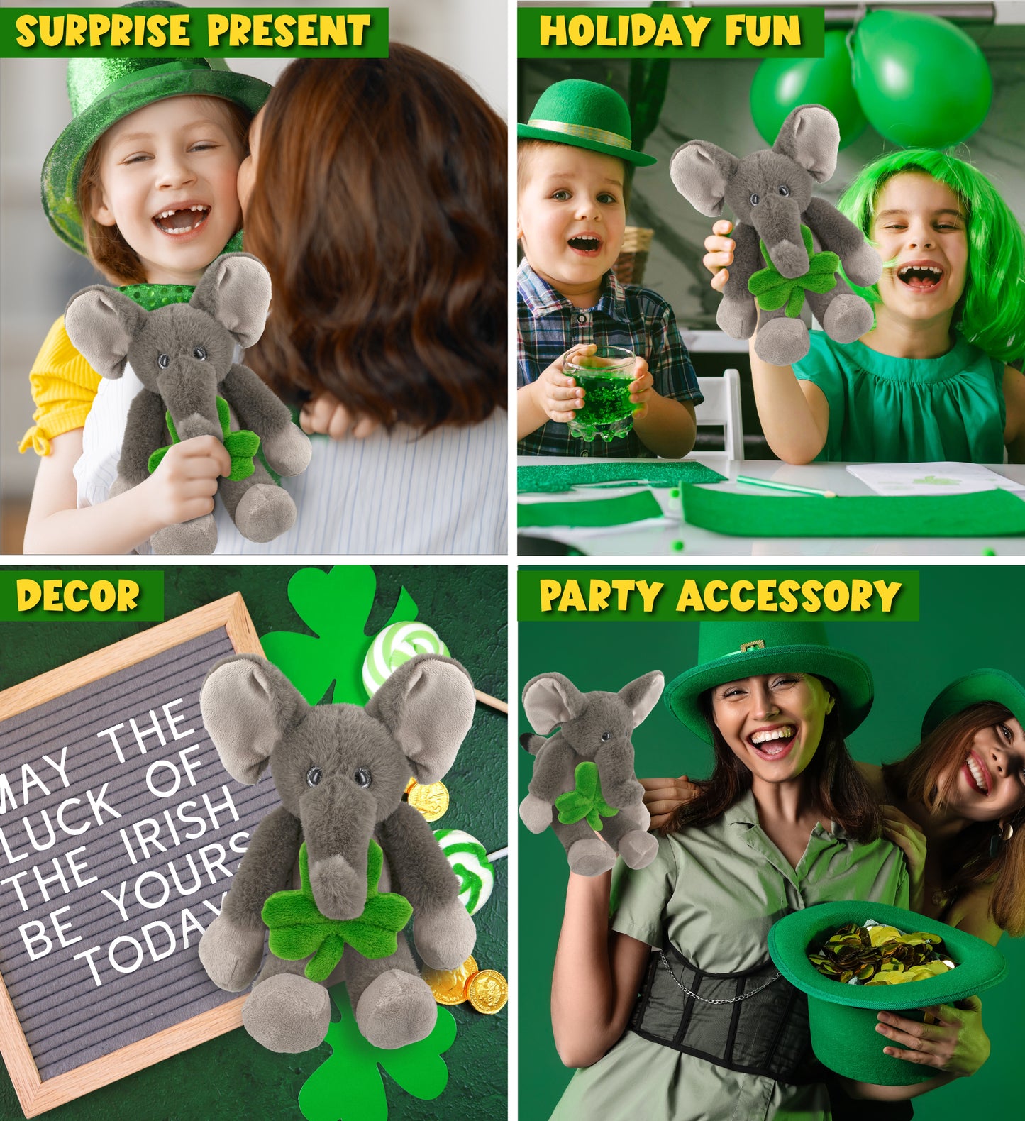 DolliBu Long Leg Elephant Stuffed Animal with Green Plush Shamrock - 10.5 Inch