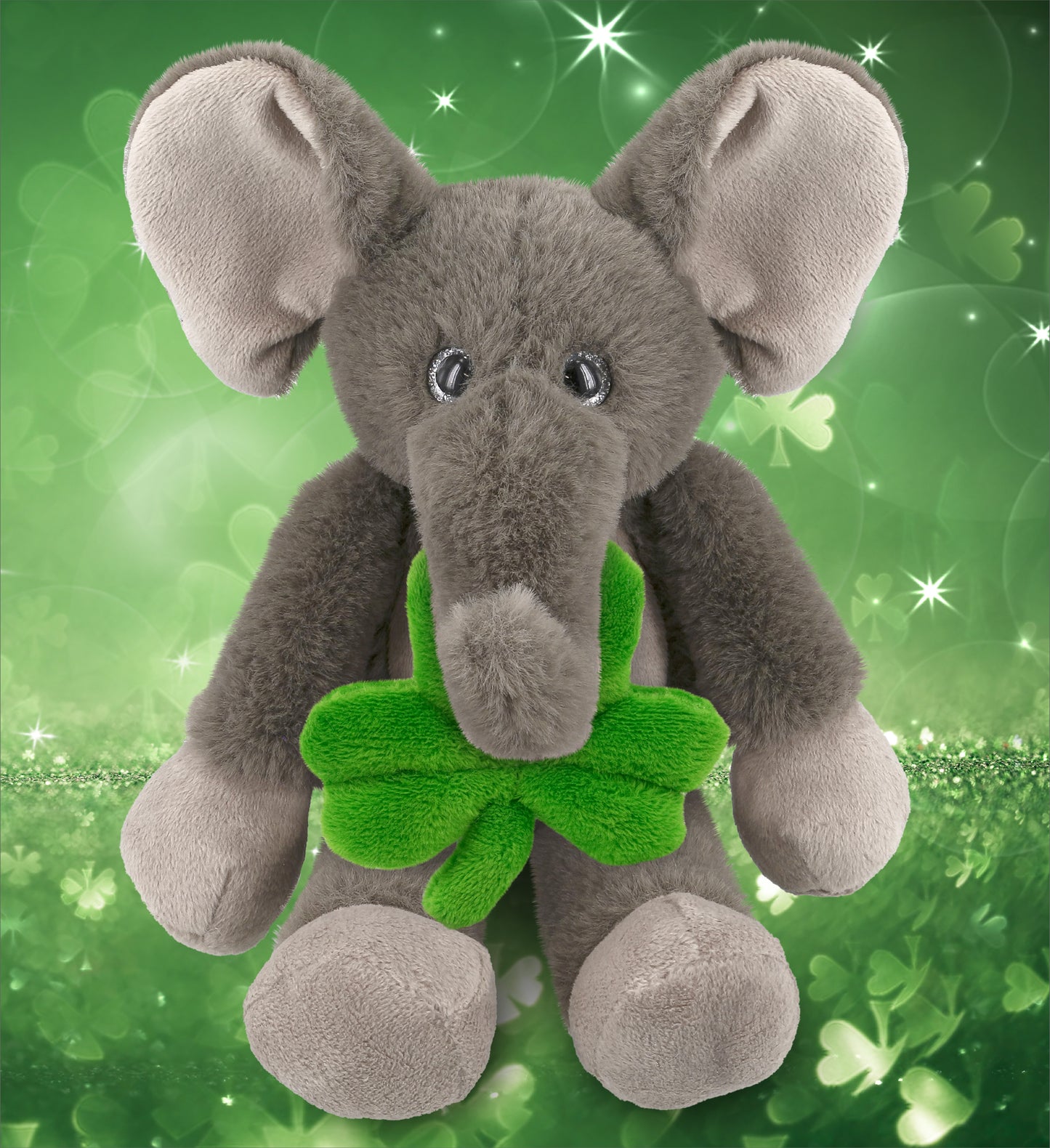 DolliBu Long Leg Elephant Stuffed Animal with Green Plush Shamrock - 10.5 Inch