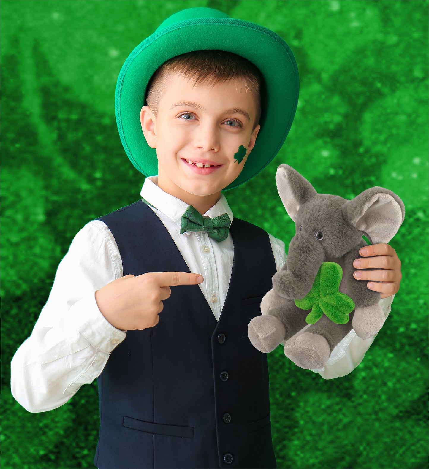 DolliBu Long Leg Elephant Stuffed Animal with Green Plush Shamrock - 10.5 Inch