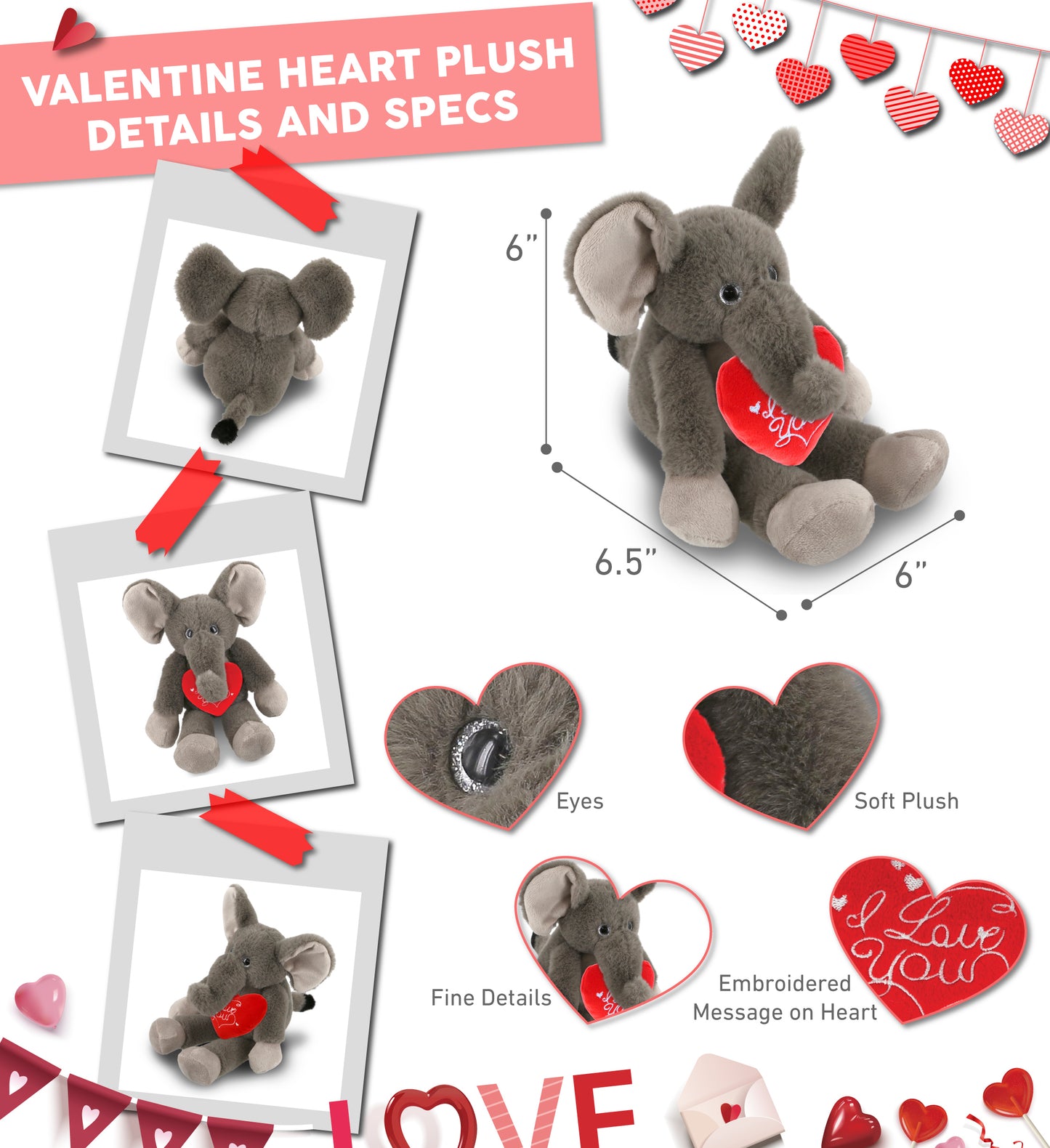 PLUSH I LOVE YOU RED HEART - SUPER-SOFT PLUSH - LONG LEG ELEPHANT 10.5"