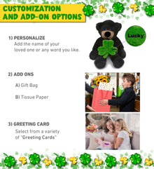 DolliBu Long Leg Black Bear Stuffed Animal with Green Plush Shamrock, 10.5 Inch