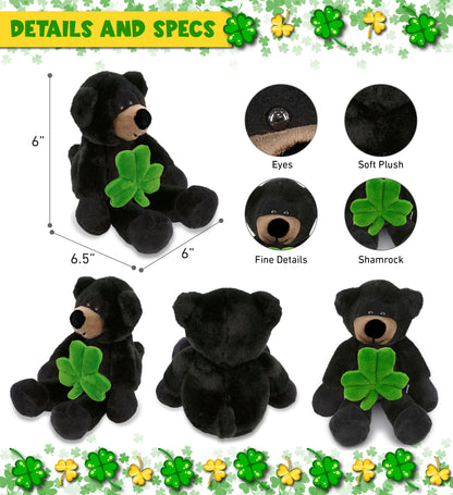 DolliBu Long Leg Black Bear Stuffed Animal with Green Plush Shamrock, 10.5 Inch