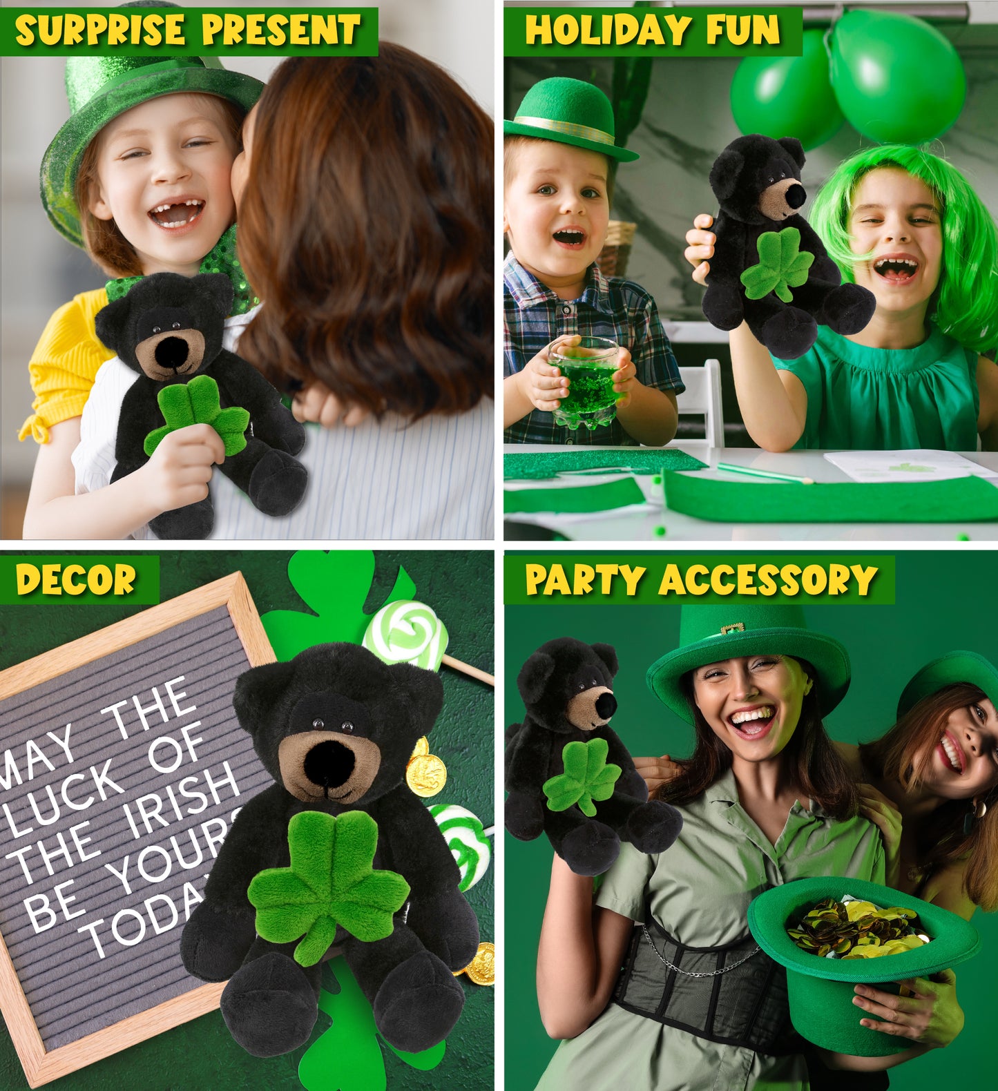 DolliBu Long Leg Black Bear Stuffed Animal with Green Plush Shamrock, 10.5 Inch