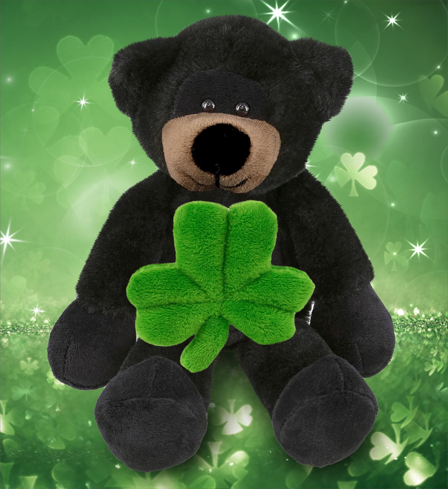 DolliBu Long Leg Black Bear Stuffed Animal with Green Plush Shamrock, 10.5 Inch