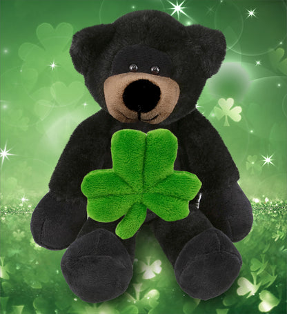 DolliBu Long Leg Black Bear Stuffed Animal with Green Plush Shamrock, 10.5 Inch