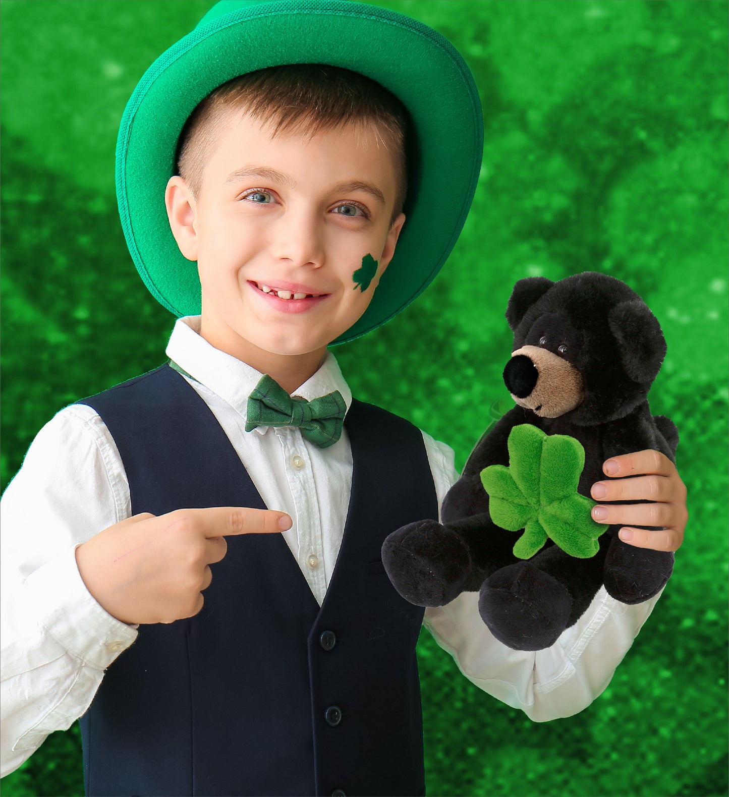 DolliBu Long Leg Black Bear Stuffed Animal with Green Plush Shamrock, 10.5 Inch