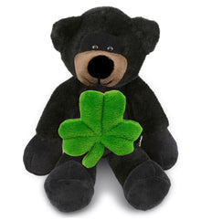 DolliBu Long Leg Black Bear Stuffed Animal with Green Plush Shamrock, 10.5 Inch