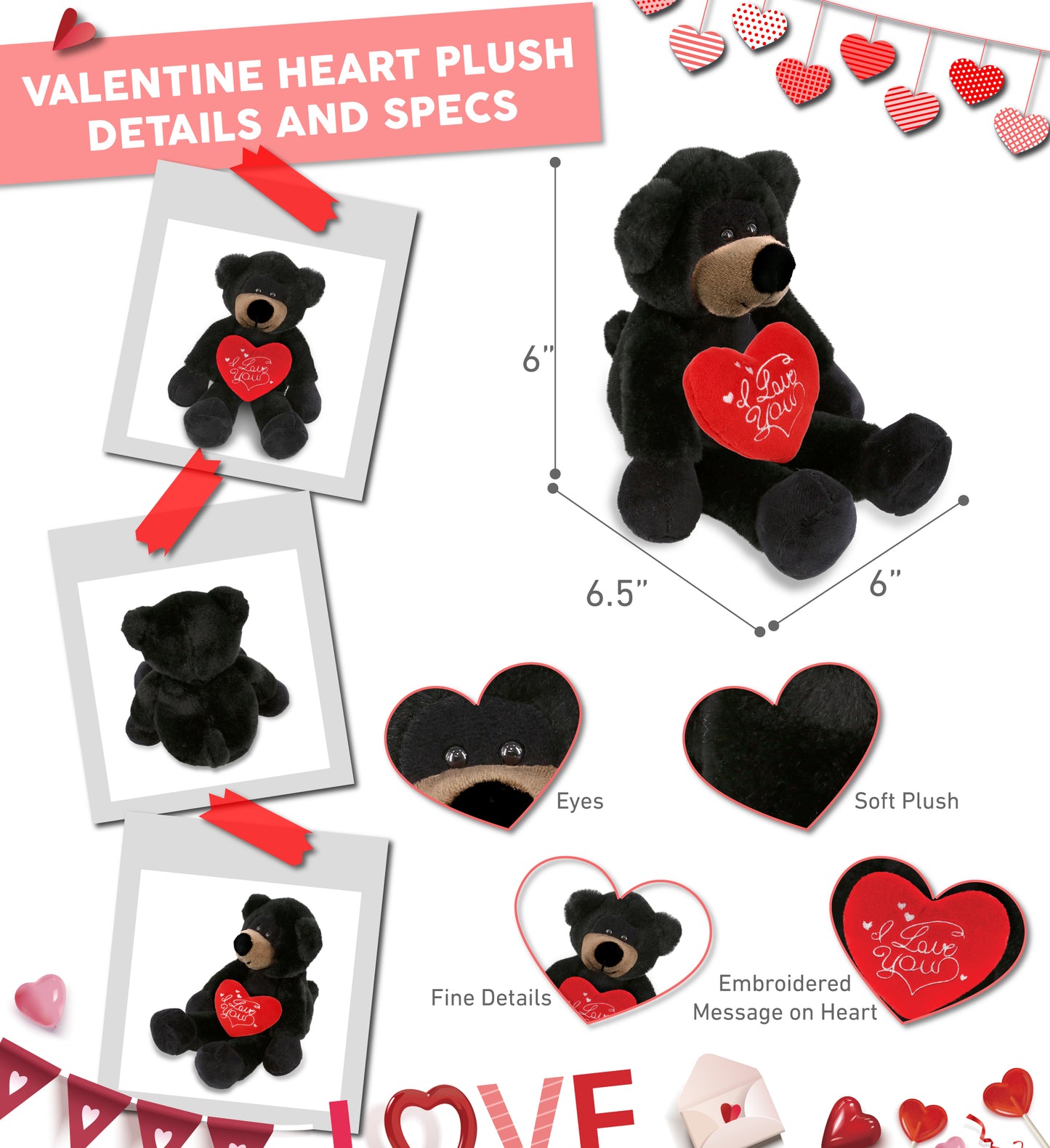 PLUSH I LOVE YOU RED HEART - SUPER-SOFT PLUSH - LONG LEG BLACK BEAR 10.5"
