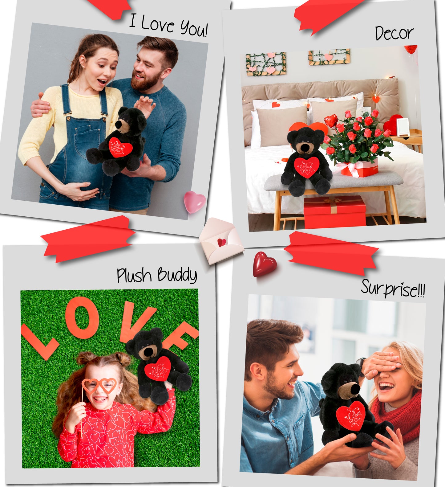 PLUSH I LOVE YOU RED HEART - SUPER-SOFT PLUSH - LONG LEG BLACK BEAR 10.5"