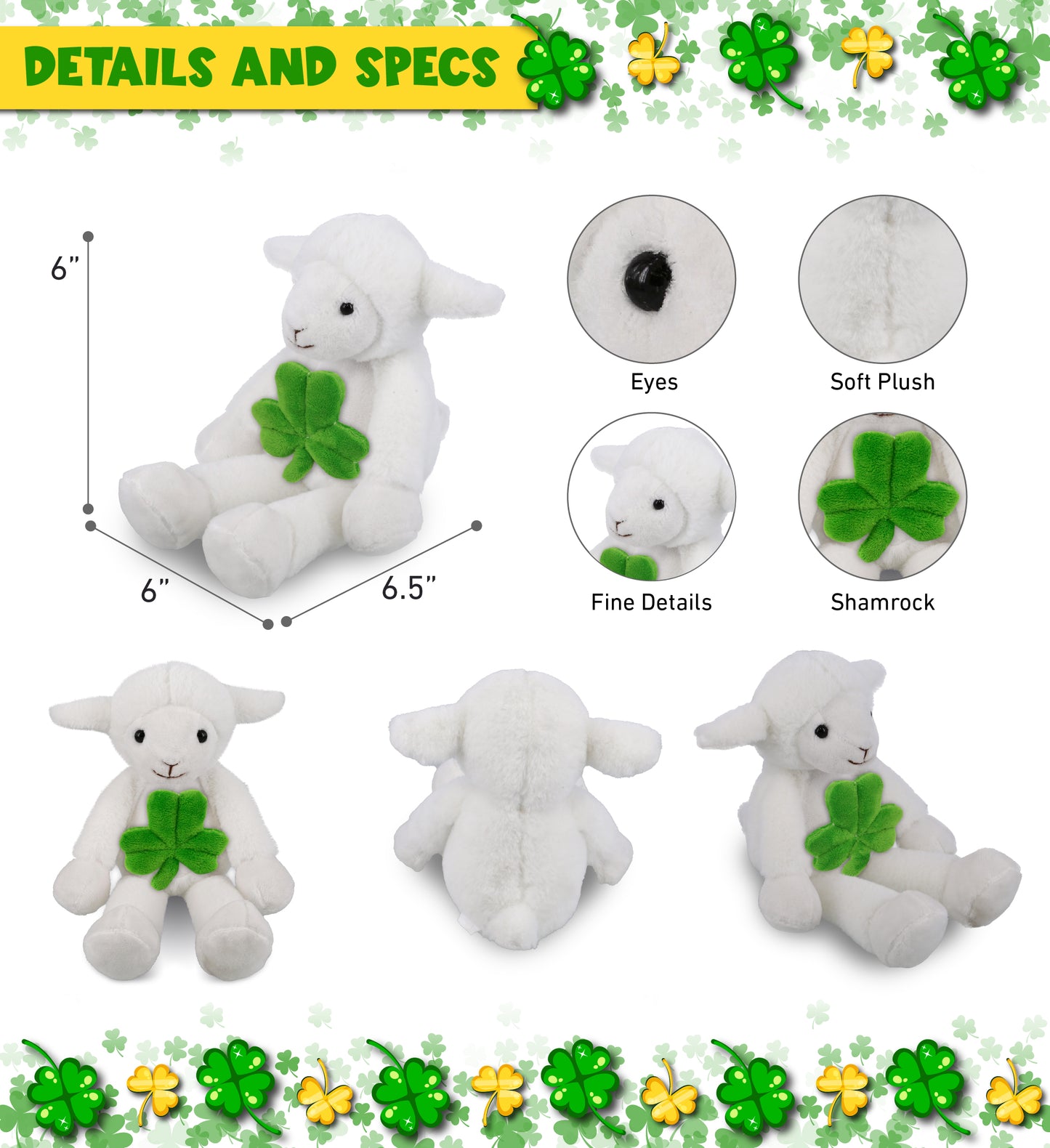 DolliBu Long Leg Lamb Stuffed Animal with Green Plush Shamrock - 10.5 Inches