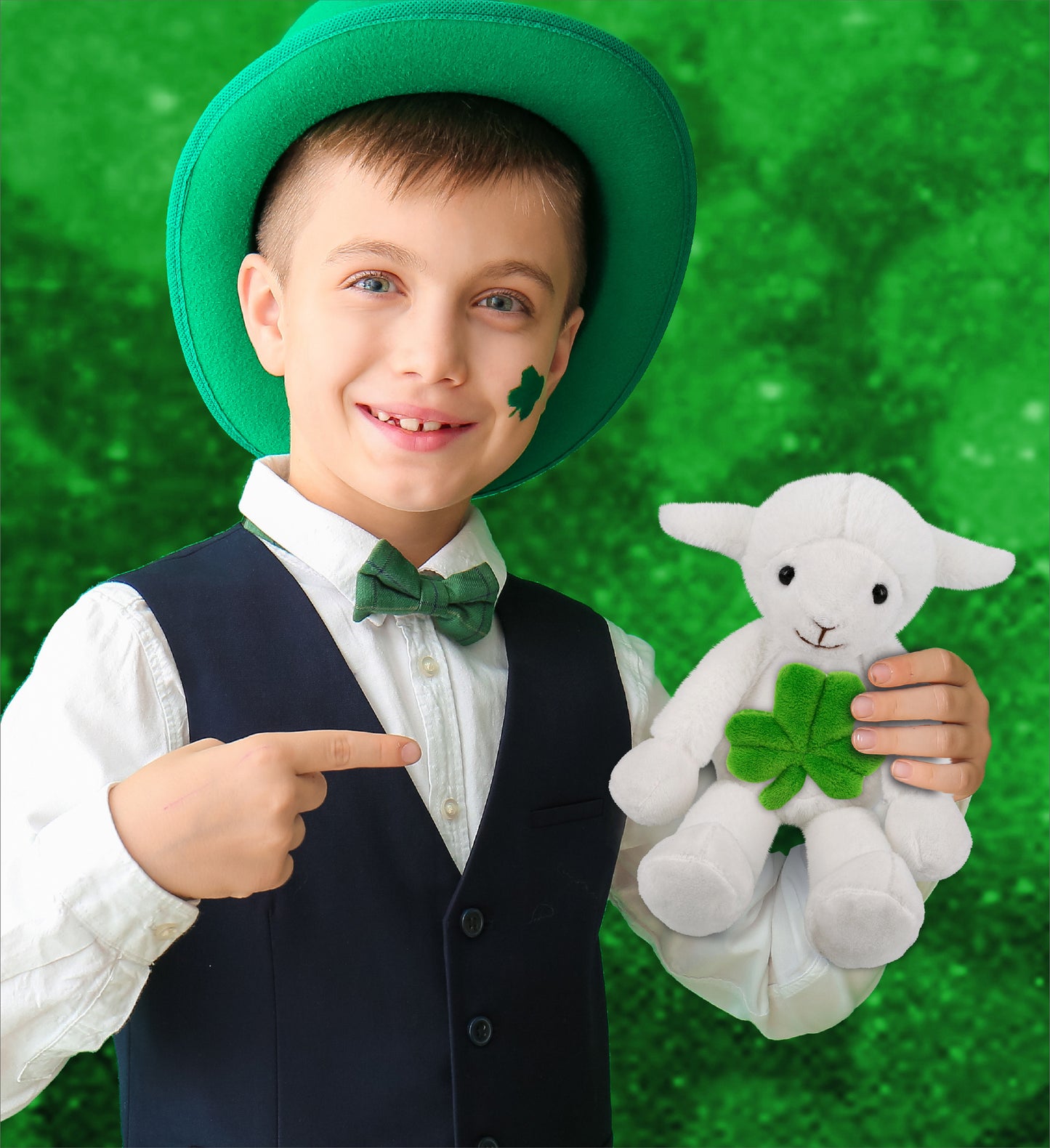 DolliBu Long Leg Lamb Stuffed Animal with Green Plush Shamrock - 10.5 Inches
