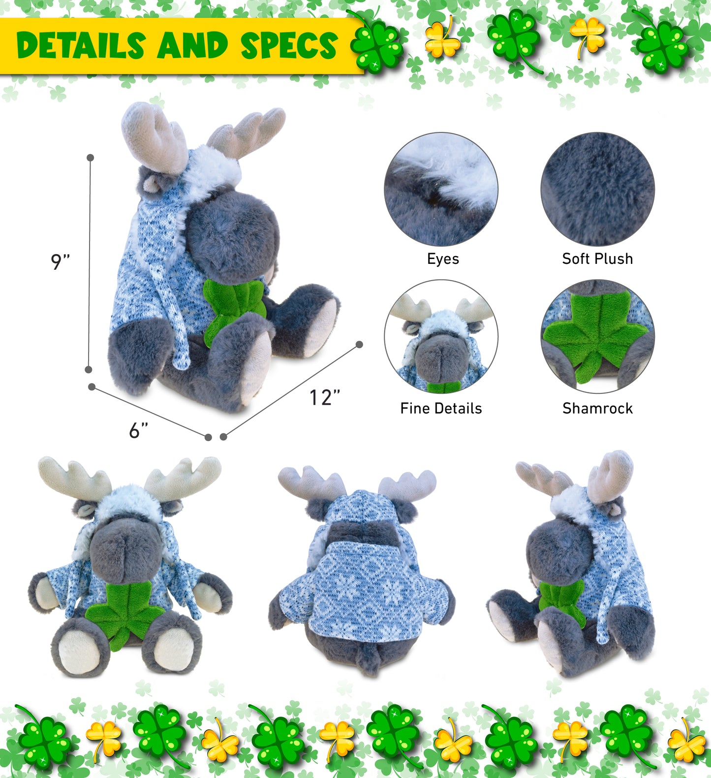 DolliBu Sitting Gray Moose Stuffed Animal with Green Plush Shamrock - 6 Inches