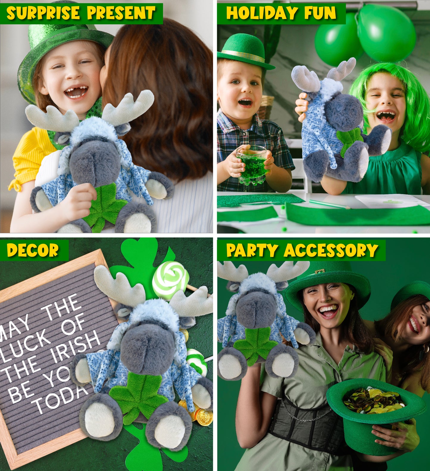 DolliBu Sitting Gray Moose Stuffed Animal with Green Plush Shamrock - 6 Inches
