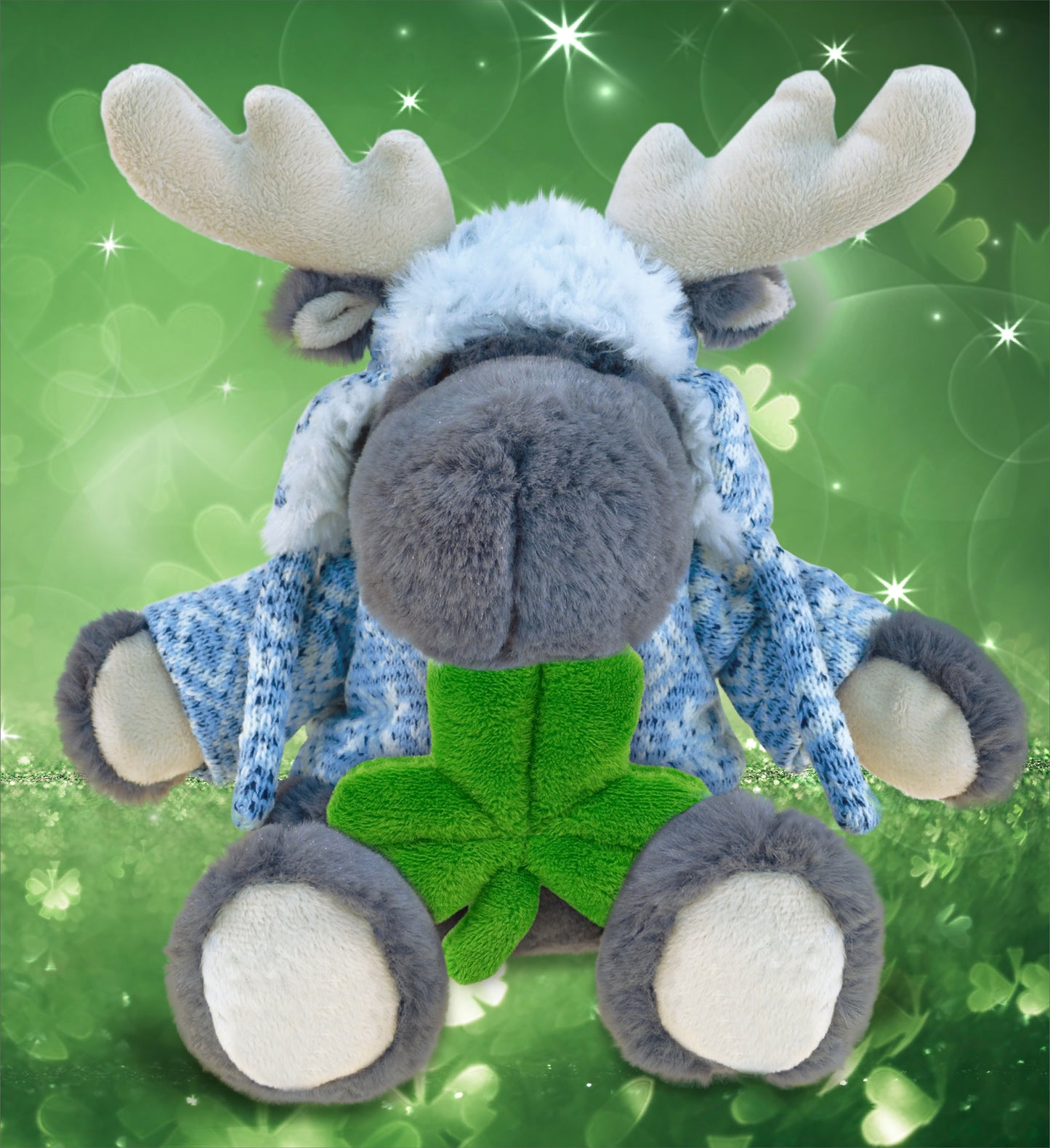 DolliBu Sitting Gray Moose Stuffed Animal with Green Plush Shamrock - 6 Inches