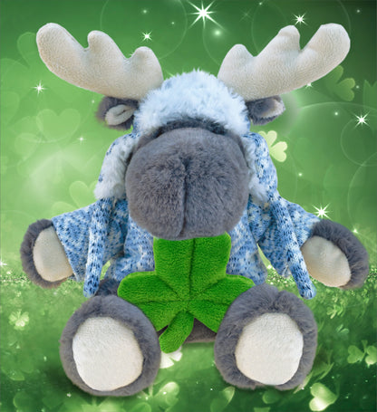 DolliBu Sitting Gray Moose Stuffed Animal with Green Plush Shamrock - 6 Inches