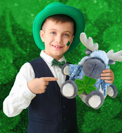 DolliBu Sitting Gray Moose Stuffed Animal with Green Plush Shamrock - 6 Inches