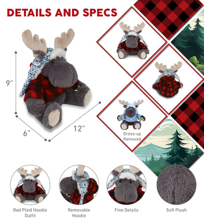 SUPER SOFT PLUSH WITH CLOTHES  - GREY MOOSE WITH RED PLAID HOODIE