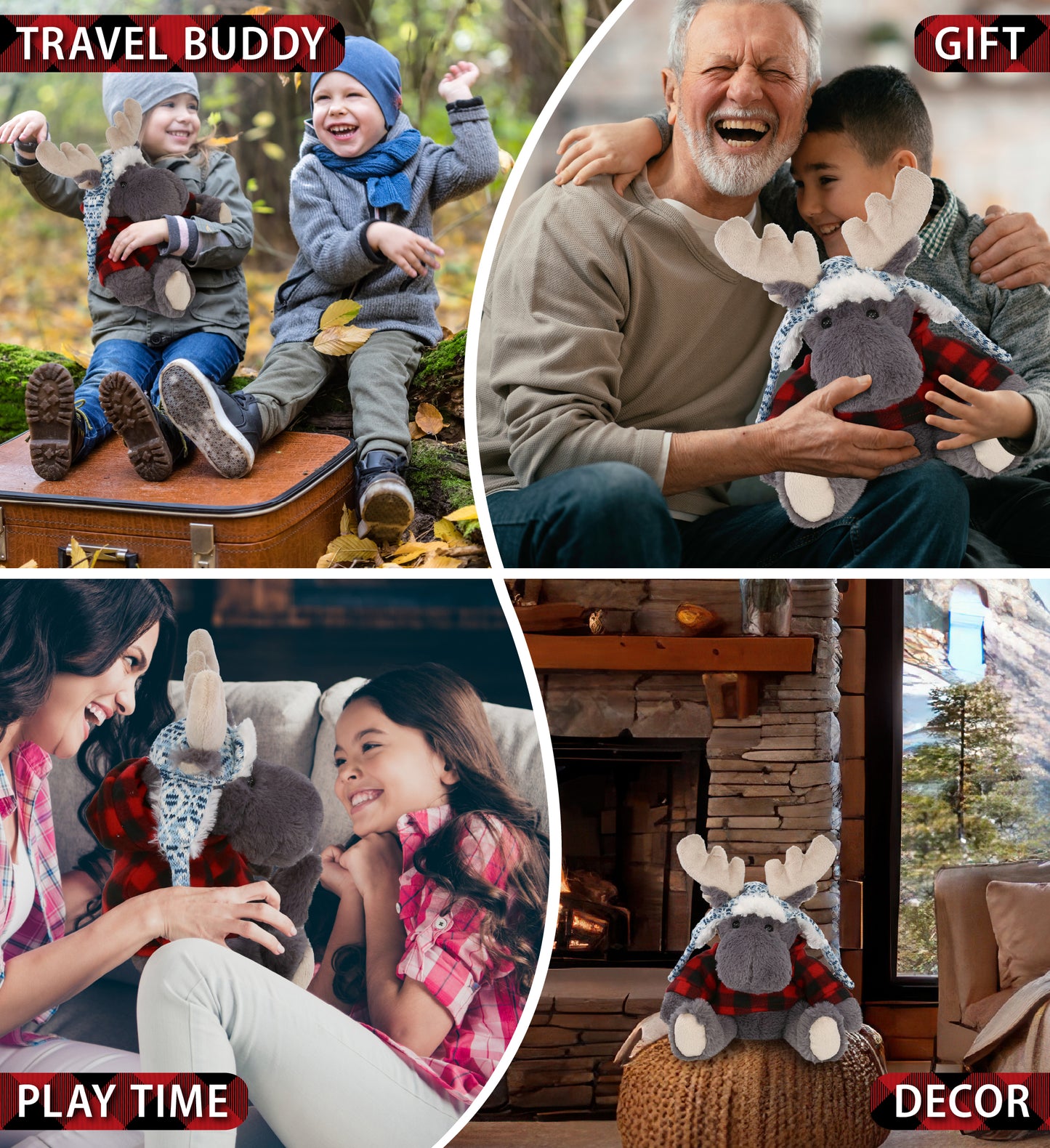 SUPER SOFT PLUSH WITH CLOTHES  - GREY MOOSE WITH RED PLAID HOODIE