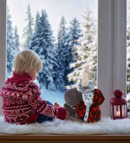 SUPER SOFT PLUSH WITH CLOTHES  - GREY MOOSE WITH RED PLAID HOODIE