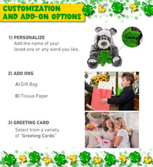 DolliBu Sitting Black Bear Stuffed Animal with Green Plush Shamrock - 12.5 Inch