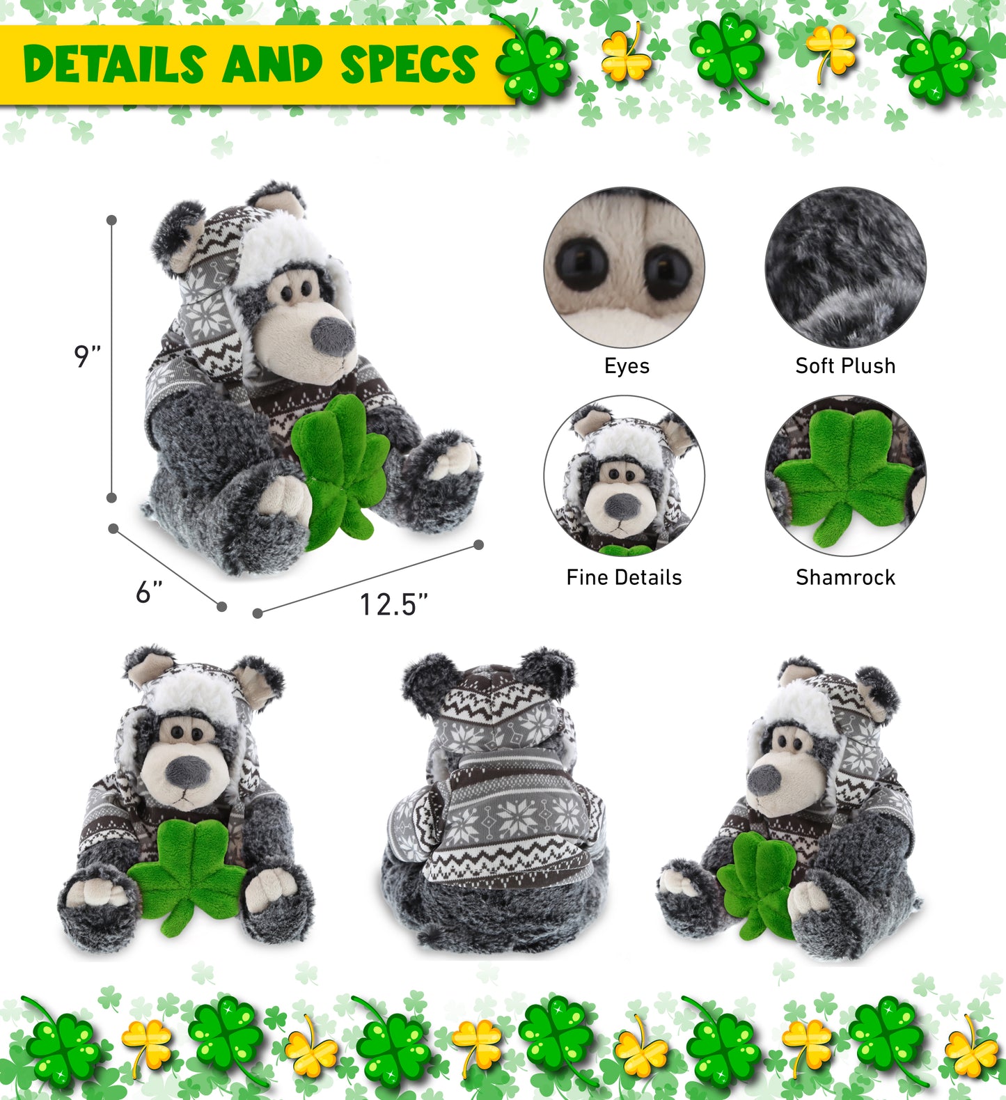 DolliBu Sitting Black Bear Stuffed Animal with Green Plush Shamrock - 12.5 Inch