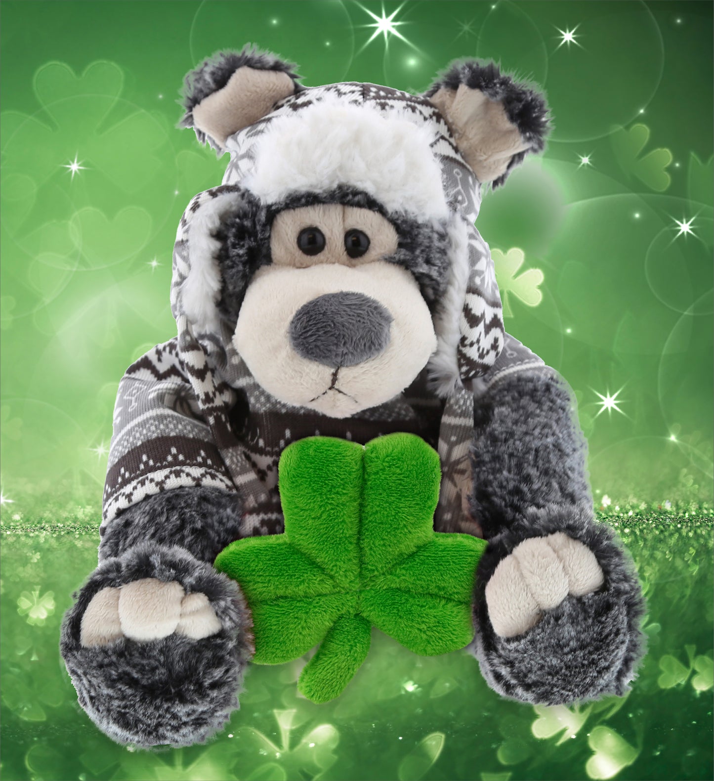 DolliBu Sitting Black Bear Stuffed Animal with Green Plush Shamrock - 12.5 Inch