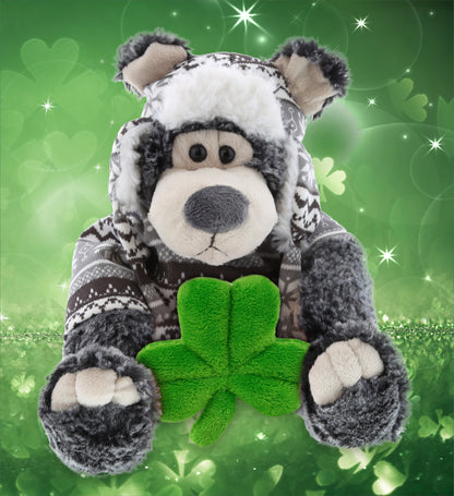 DolliBu Sitting Black Bear Stuffed Animal with Green Plush Shamrock - 12.5 Inch