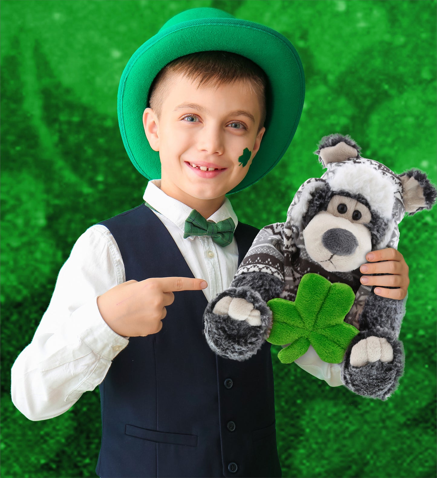 DolliBu Sitting Black Bear Stuffed Animal with Green Plush Shamrock - 12.5 Inch