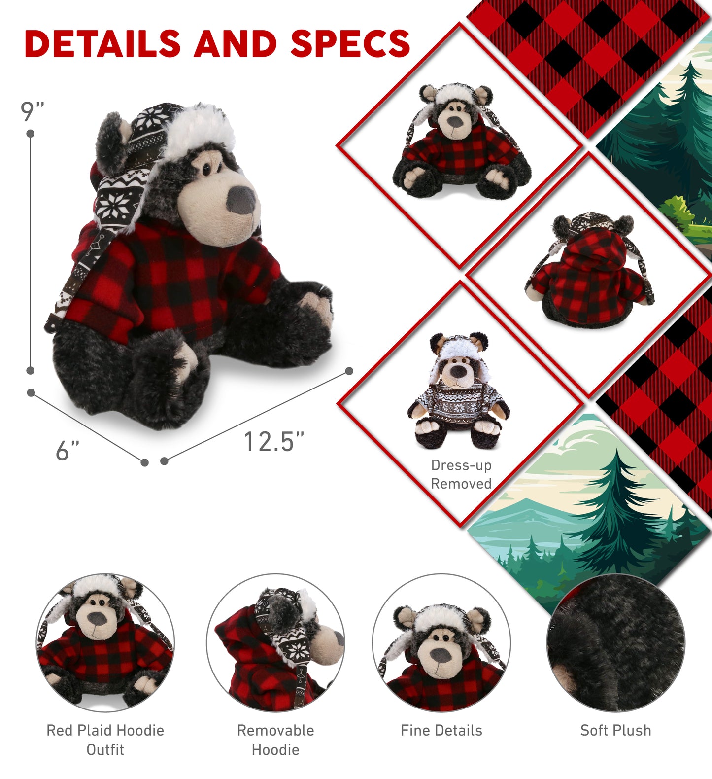SUPER SOFT PLUSH WITH CLOTHES  - BLACK BEAR WITH RED PLAID HOODIE