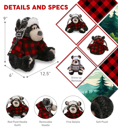 SUPER SOFT PLUSH WITH CLOTHES  - BLACK BEAR WITH RED PLAID HOODIE