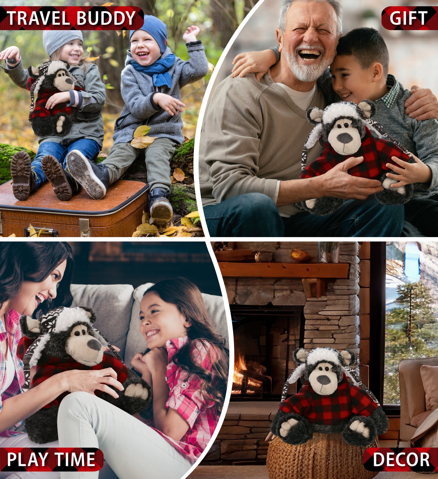 SUPER SOFT PLUSH WITH CLOTHES  - BLACK BEAR WITH RED PLAID HOODIE