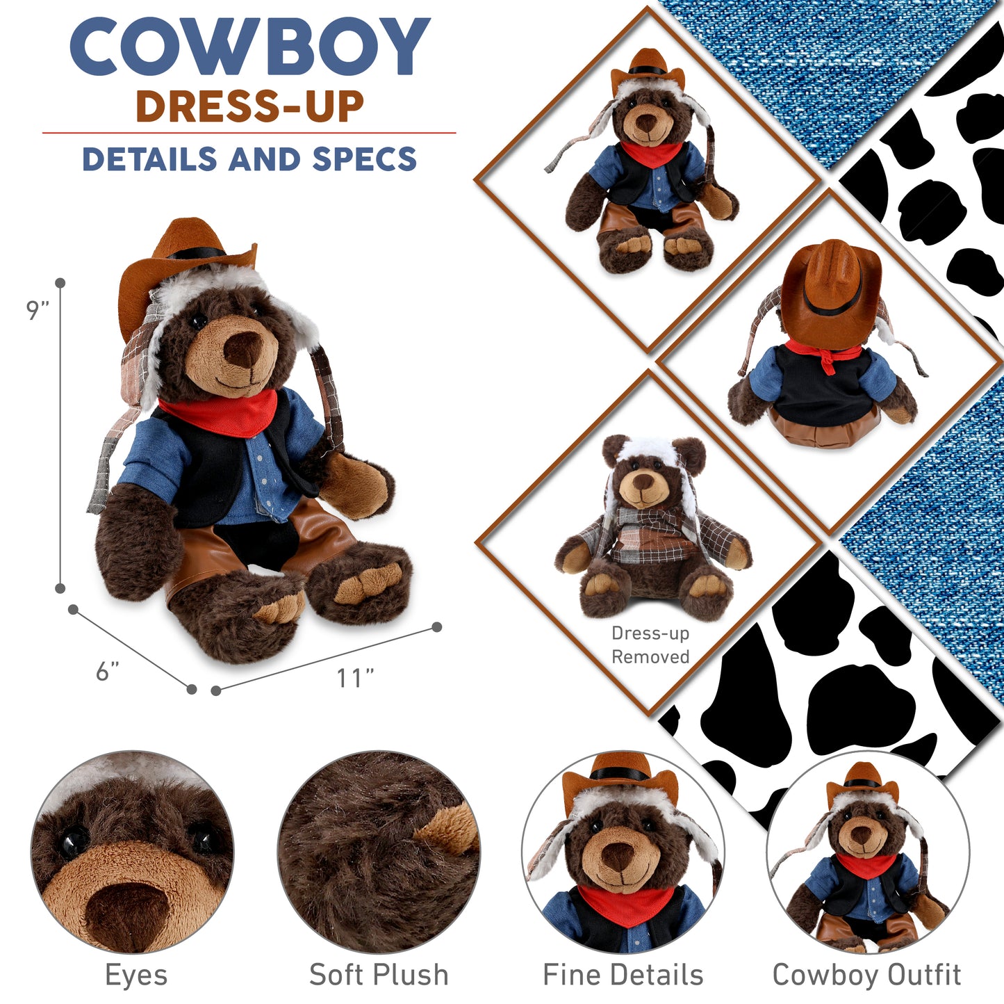 SUPER SOFT PLUSH WITH CLOTHES  - BROWN BEAR With COWBOY Dress Up
