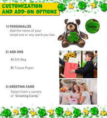 DolliBu Sitting Brown Bear Stuffed Animal with Green Plush Shamrock - 11 Inches