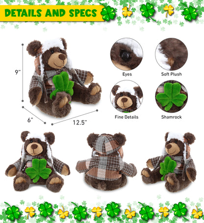 DolliBu Sitting Brown Bear Stuffed Animal with Green Plush Shamrock - 11 Inches
